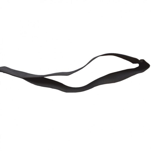 Ein schwarzer Nylon-Spanngurt mit Befestigungsring und eingenähter Schlaufe, locker aufgerollt vor weißem Hintergrund.