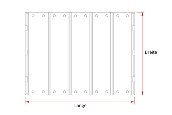 Diagramm einer rechteckigen Poolplane (Stangenabdeckung) mit äquidistanten vertikalen Linien. Pfeile zeigen unten „Länge“ und seitlich „Breite“ an, mit kleinen Kreisen an den oberen und unteren Kanten.