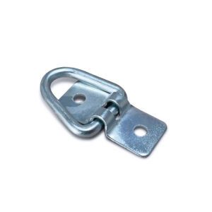 Die Bügelkrampe -zum Umklappen- ist ein silberner Metall-D-Ring-Aufhänger mit zwei Schraublöchern zur Befestigung an einer Wand, befestigt an einer rechteckigen Metallplatte. Der Hintergrund ist schlicht weiß.