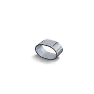Die Würgeklemme, ein glatter, runder Serviettenring aus silbernem Metall, ist auf einem schlichten weißen Hintergrund positioniert.