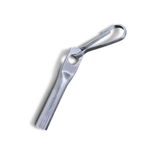 Der Seilendverschluss mit Simplexhaken ist ein Zündkerzenabstandsmessgerät aus Metall mit einem Bügelgriff und Schlitzdesign zur Messung des Elektrodenabstands, dargestellt auf weißem Hintergrund.