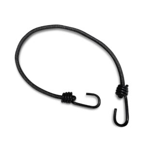 Das Expanderseil mit 2 Spiralhaken, ein schwarzes Bungee-Seil, wird mit Haken an jedem Ende vor einem weißen Hintergrund abgebildet.