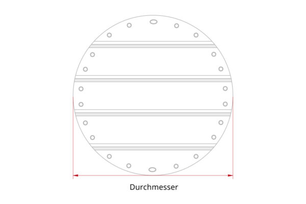 Diagramm eines Kreises, der den runden Poolplanen (Stangenabdeckung) ähnelt, mit horizontalen Linien und kleinen Kreisen darin. Ein doppelköpfiger roter Pfeil mit der Aufschrift „Durchmesser“ überspannt den Durchmesser des Kreises.