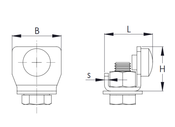 Die technische Zeichnung „Schienenstopper für Laufschiene“ hat zwei Ansichten; die linke Ansicht zeigt ein Quadrat mit der Breite „B“ und die rechte Ansicht zeigt das Seitenprofil Profil 100, beschriftet mit den Abmessungen „L“, „S“ und der Höhe „H“.