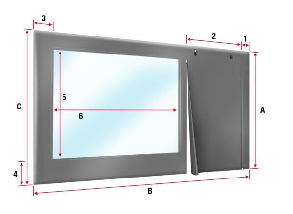 Diagramm, das einen Rahmen mit den Bezeichnungen A (vertikale Länge), B (horizontale Länge), C (äußere Rahmenhöhe) zeigt, mit kleineren Teilen mit den Bezeichnungen 1, 2, 3, 4 und den Innenmaßen 5 (vertikal) und 6 (horizontal).