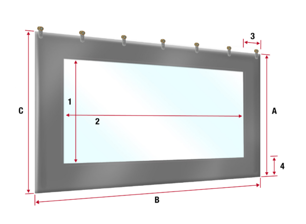 Ein Diagramm einer rechteckigen Schiebeplane mit Fenster zeigt die Abmessungen: A (Rahmenhöhe), B (Breite), C (Fensterhöhe), 1 (obere Rahmendicke), 2 (Fensterbreite) und 3 & 4 (seitliche/untere Rahmendicken).