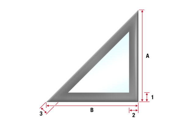 Abbildung eines rechtwinkligen Dreiecks mit dickem grauem Rand und hellblauem Inneren. Es zeigt Höhe (A), Basis (B) und Längen 1, 2 und 3 entlang der Basis und Höhe, hervorgehoben mit roten Pfeilen.