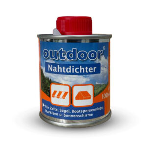 Eine Dose mit rotem Deckel und der Aufschrift „Nahtdichter 100ml / 1000ml“ sowie Zelt- und Stoffsymbolen deutet auf eine Verwendung für Zelte, Segel, Bootsabdeckungen, Markisen und Sonnenschirme hin.