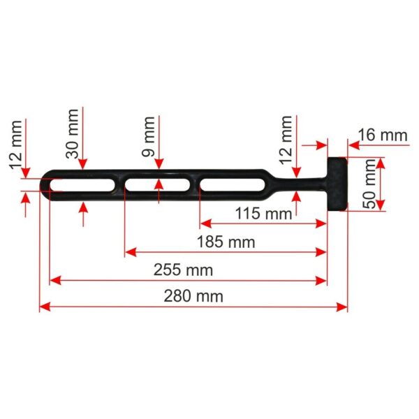 Diagramm einer schwarzen Gummistroppe-Halterung mit Schlitzen und Abmessungen: 280 mm, 255 mm, 185 mm, 115 mm, 50 mm, 30 mm, 16 mm und 12 mm. Die Maße sind mit roten Pfeilen und Linien markiert.