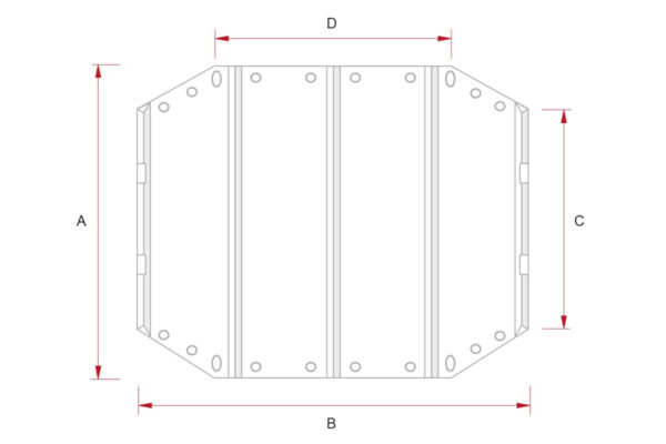 Eine technische Zeichnung einer „Achteckigen Poolplanen (Stangenabdeckung)“ zeigt geometrische Formen mit Randlöchern und vertikalen/horizontalen Linien mit den Bezeichnungen A, B, C, D. Rote Pfeile zeigen die Maße an.