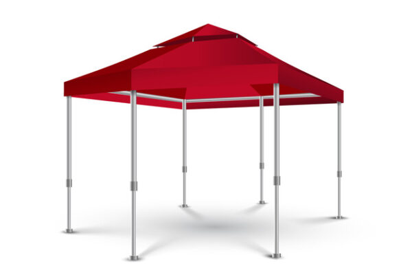 Sechseckiges, rotes Pop-up-Überdachungszelt mit offenen Seiten und belüftetem Dach, gestützt von Metallstangen vor einem schlichten weißen Hintergrund.