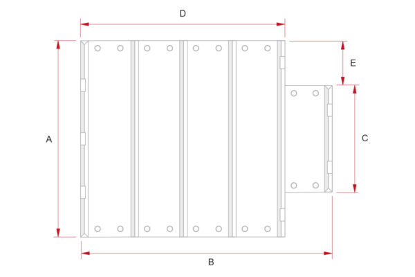 Diagramm eines rechteckigen Objekts mit vertikalen Paneelen A bis E. A zeigt die Höhe, B die Breite, C die Höhe der kleinen Seitenverlängerung. Ähnlich wie bei Rechteckige Poolplanen + Treppe ist D die obere Länge und E die Breite der Verlängerung. Rote Pfeile zeigen die Maße.