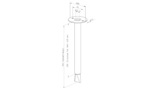 Technische Zeichnung eines zylindrischen Objekts mit Maßangaben. Es hat eine ausgestellte Basis und eine runde Oberseite. Die Abmessungen umfassen eine Höhe von 825,5 mm und einen Durchmesser von 64 mm, mit zusätzlichen Anmerkungen für andere Teile.