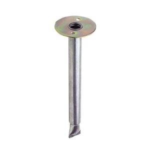 Metallbein mit runder, goldfarbener Oberplatte, zylindrischem silbernen Körper und konischem Ende. Die Oberseite hat ein zentrales Loch zur Befestigung. Geeignet für Möbel oder als strukturelle Stütze.