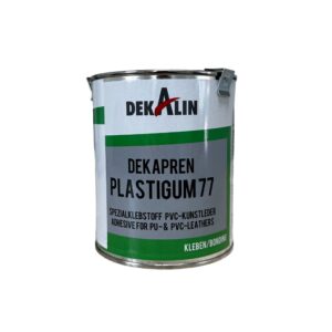 Eine 750-ml-Dose PVC-Kleber Plastigum77, grün und weiß mit schwarzem Text zum Verkleben von PVC- und PU-Leder, verfügt über einen Metallgriff.